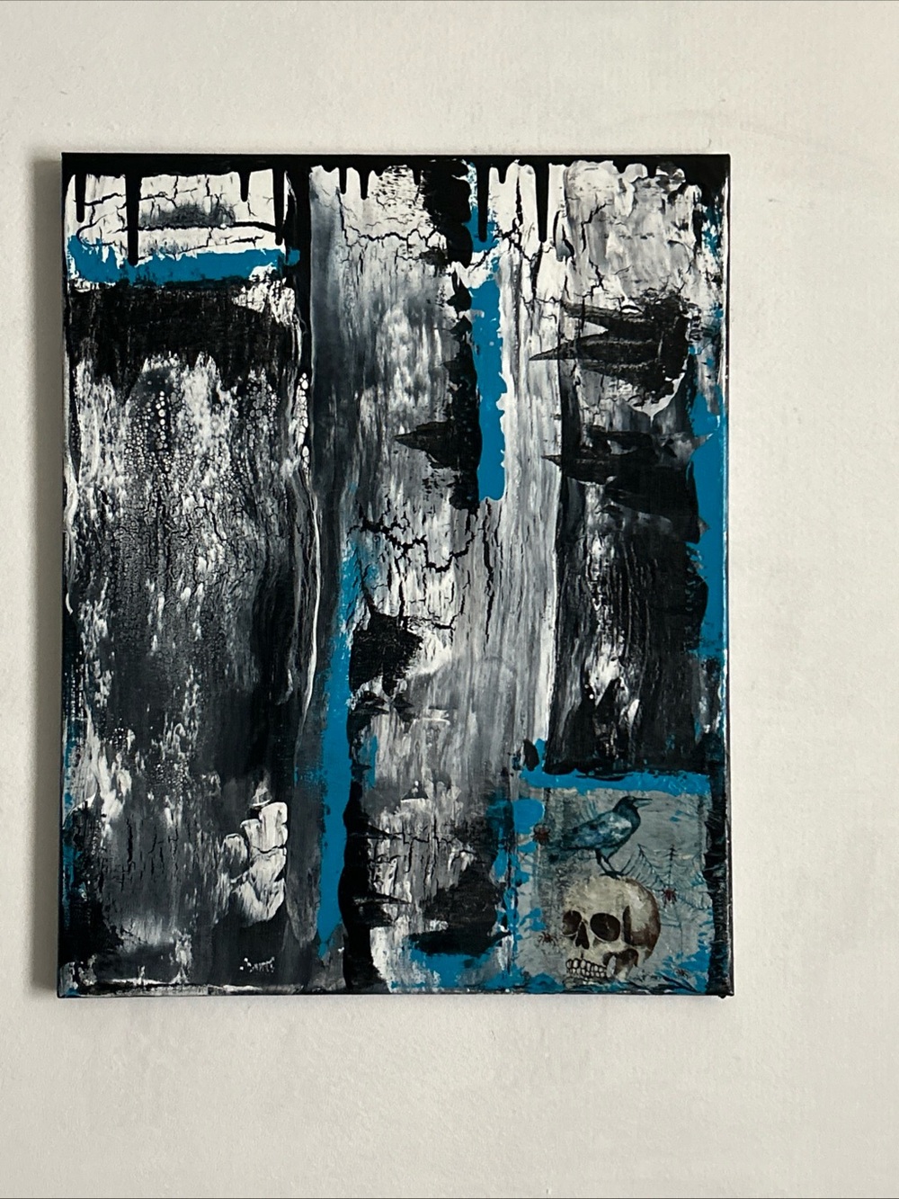 Canvas Painting  16 X 20 Blue Black Gothic Art Skull Signed Titled Grim Reaper